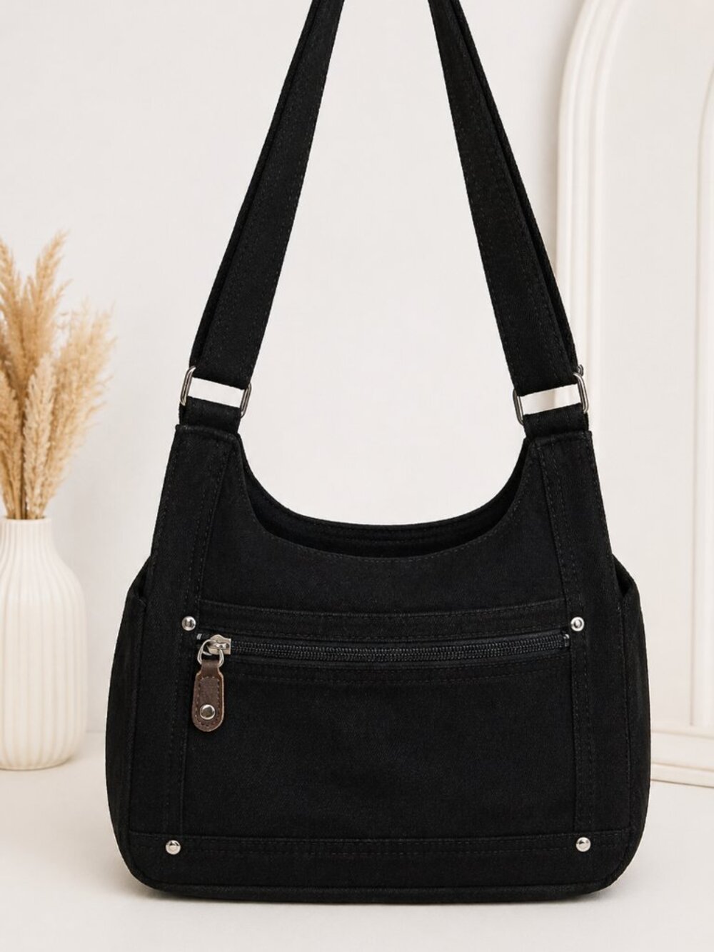 Black Denim Shoulder Bag Multi-Compartment Zipper Pockets EUC